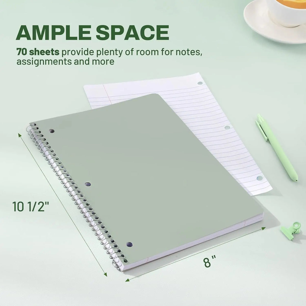 Spiral Notebooks, 3 Pack, 1-Subject, College Ruled Paper, 8" x 10-1/2", 70 Sheets per Notebook, Aesthetic Colors Spiral Notebooks for School