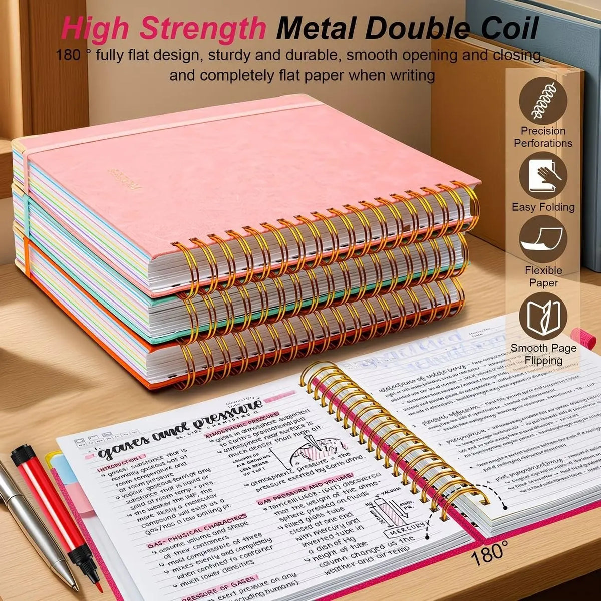 A5 Spiral Notebook with Ruler, 300 Pages Hard Cover, 100gsm Thick Paper, Vintage Style, Leather-Like Cover, Ideal for Work, School, University Planning