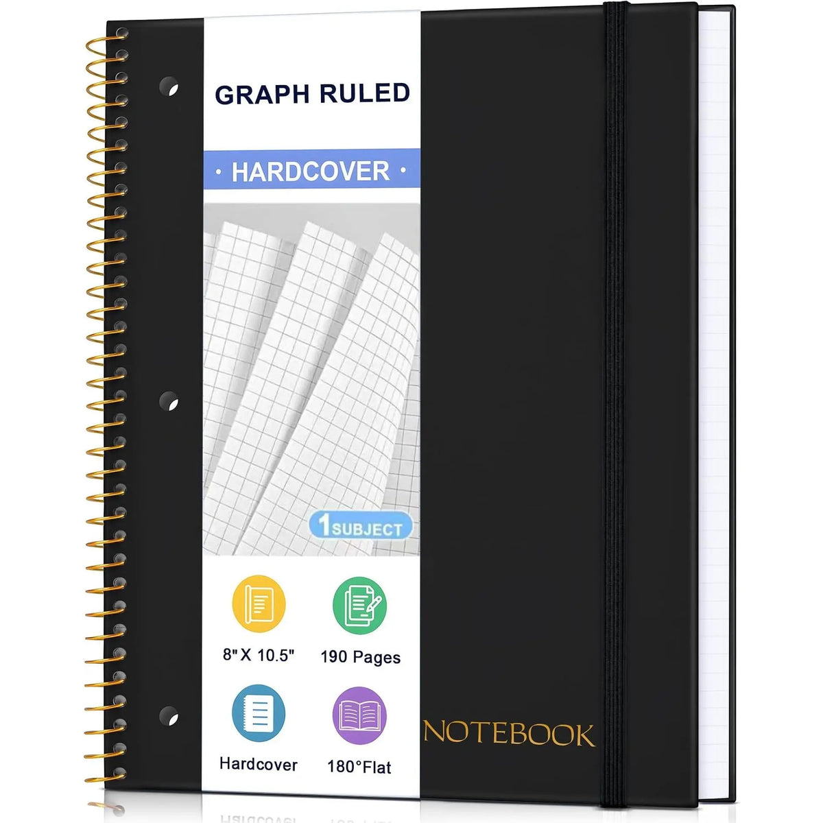 Modern 1-Subject Spiral Notebook for Students, College Ruled, 8"x10.5", 3-Hole Punched Perforated Pages, 95 Sheets, Black, Ideal for School, Office Use (Computers & Office Stationery Supplies)