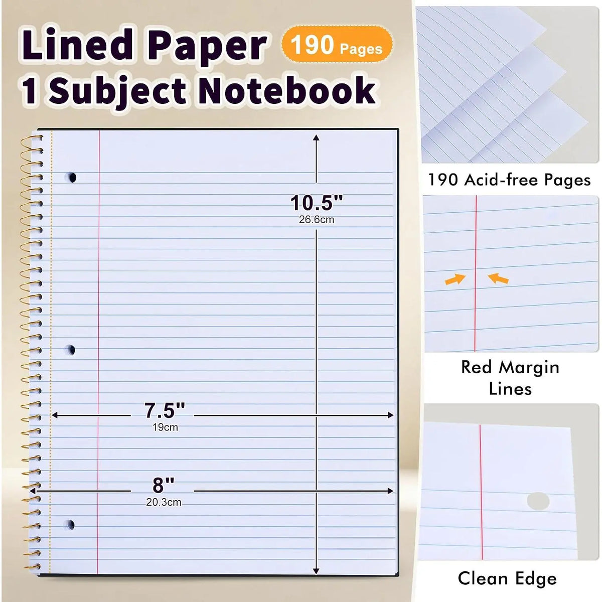 Modern 1-Subject Spiral Notebook for Students, College Ruled, 8"x10.5", 3-Hole Punched Perforated Pages, 95 Sheets, Black, Ideal for School, Office Use (Computers & Office Stationery Supplies)