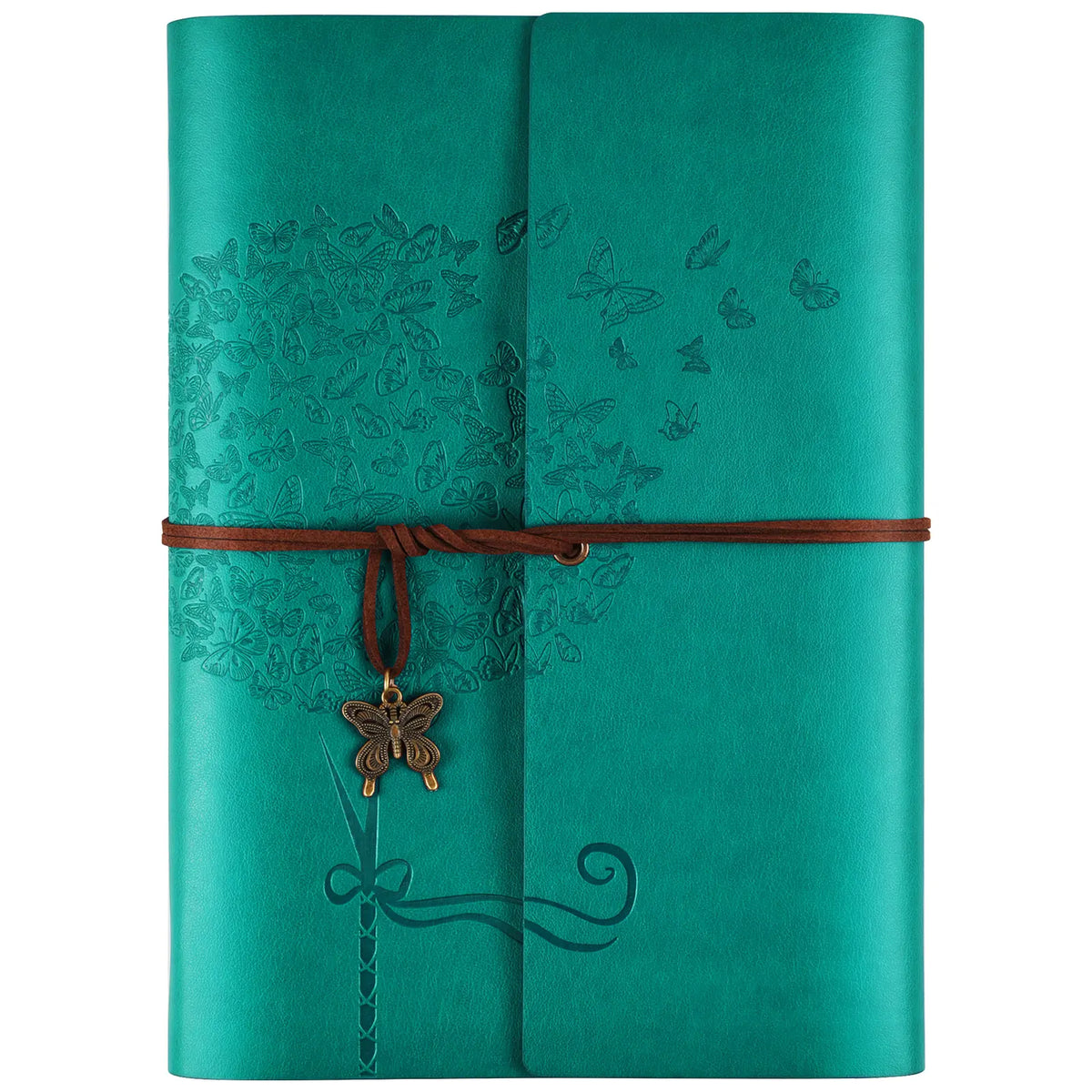 OMEYA A5 Leather Journal Notebook, Refillable Trifold Planner with Zipper Pocket, Dandelion & Butterfly Embossed Writing Diary with Card Slots & Strap Closure, 100gsm Thick Lined Paper (Blue/Pink/Purple/Brown)