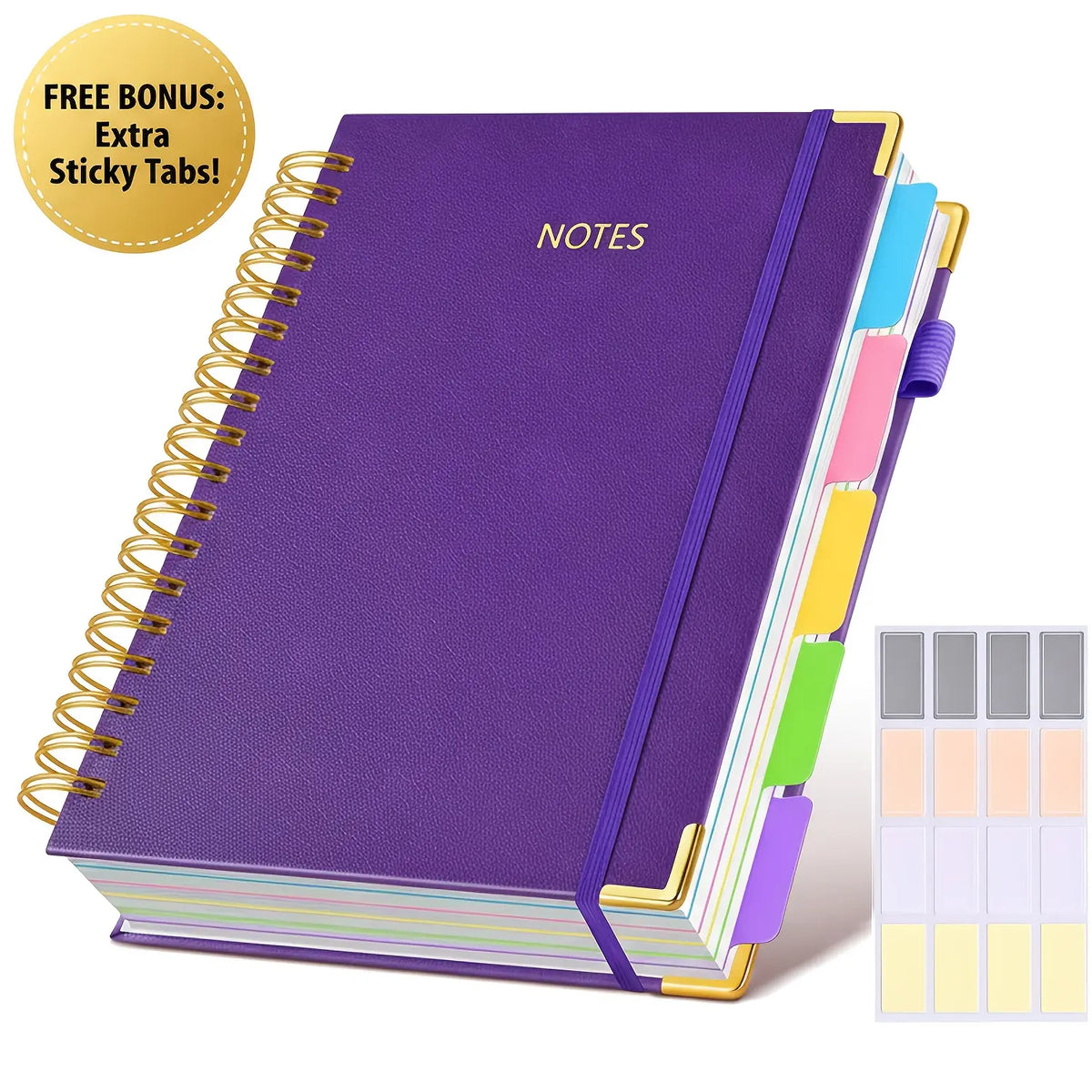 A5 spiral-bound notebook with 5 detachable divider pages and extra sticky labels; a high-quality faux leather lined notebook with 300 sheets, made from 100 g paper, suitable for office use, campus care record keeping, and everyday note-taking; dimensions: