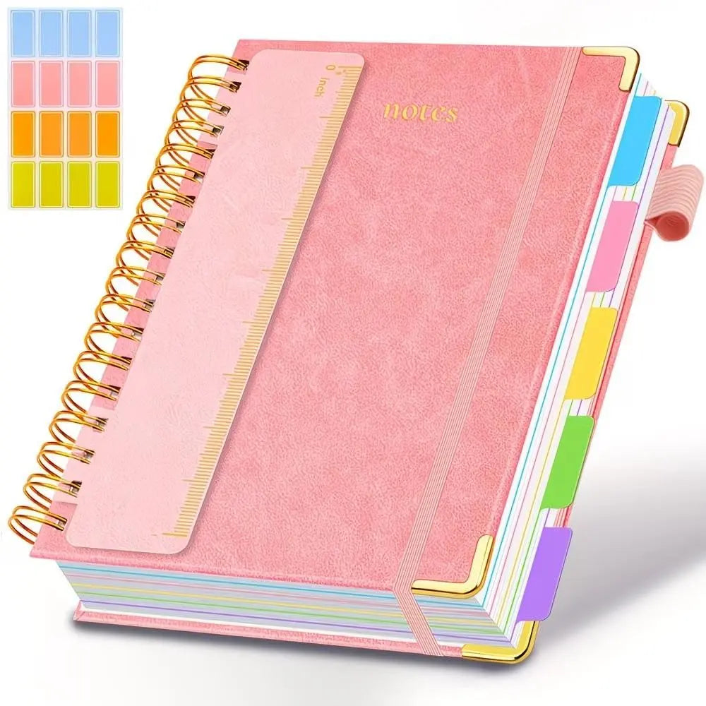 A5 Spiral Notebook with Ruler, 300 Pages Hard Cover, 100gsm Thick Paper, Vintage Style, Leather-Like Cover, Ideal for Work, School, University Planning