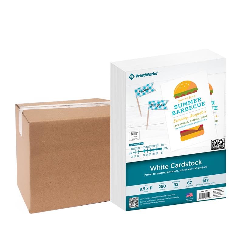 PrintWorks White Cardstock 8.5" x 11" - 67 lb/147 gsm Vellum Bristol - 250 Sheets - Made in the USA - SFI® Certified - 92 Bright - Card Stock Printer Paper for School, Craft, & Office Use (00564)