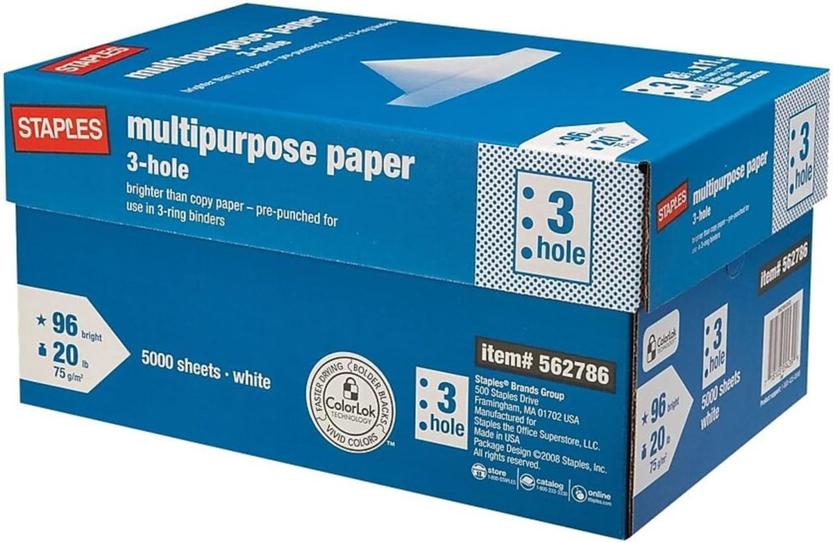 Staples Multipurpose Paper, 8.5x11 Inch, 3-Hole Punched, for Office