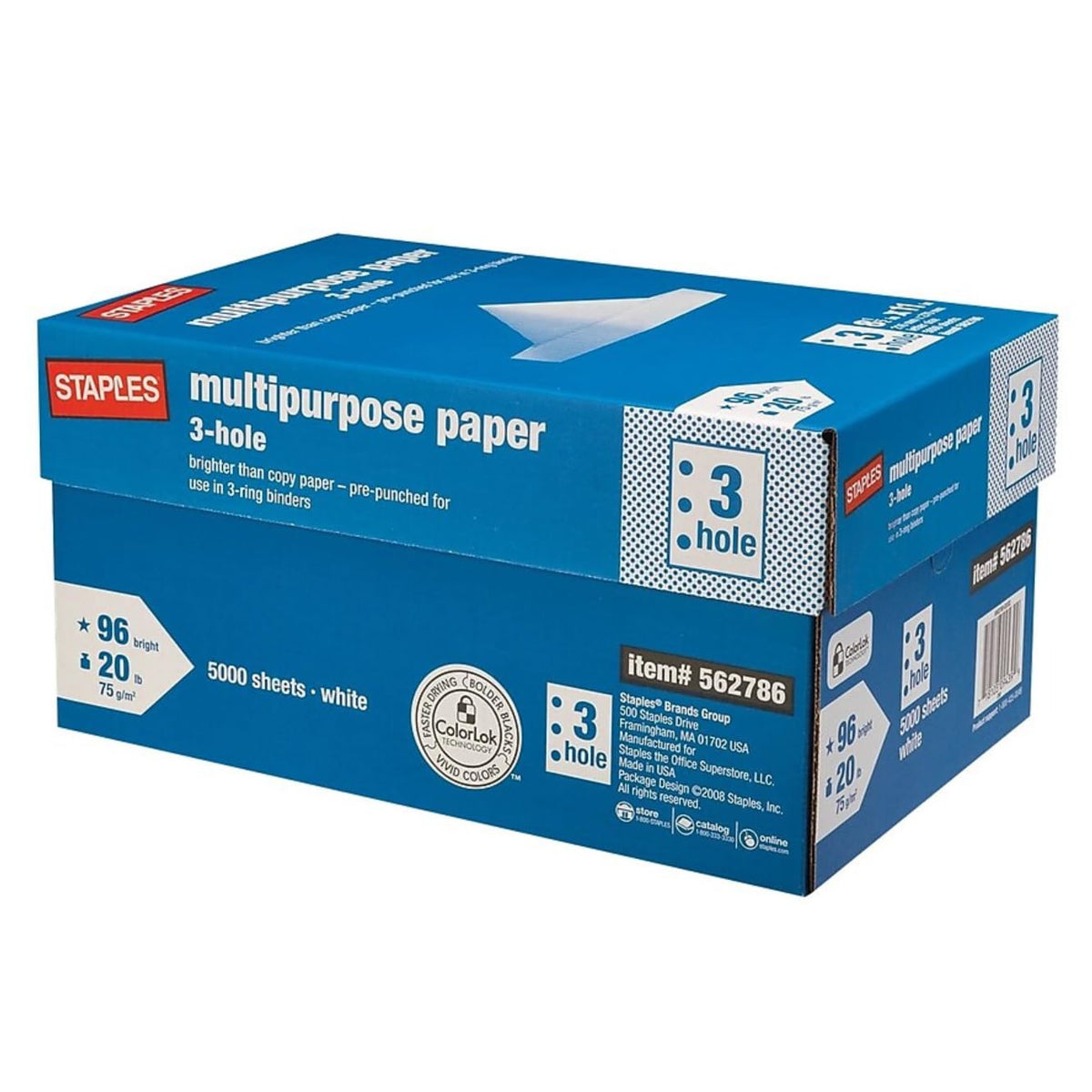 Staples Multipurpose Paper, 8.5x11 Inch, 3-Hole Punched, for Office