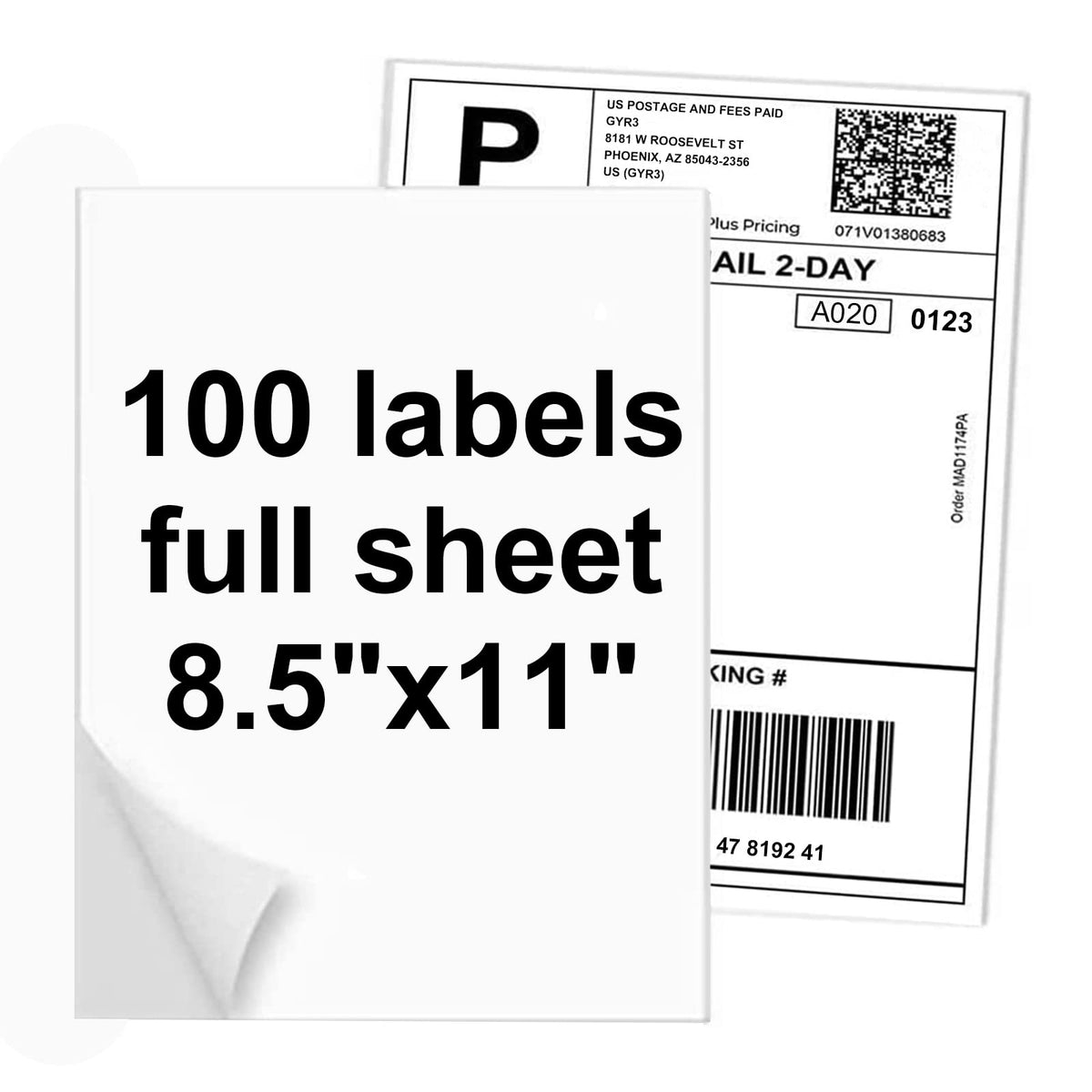 100 Full Sheets Sticker Paper for Laser & Ink Jet Printers, 8.5" x 11" Full Sheet Address Shipping Label, 100 Sheets 100 Labels