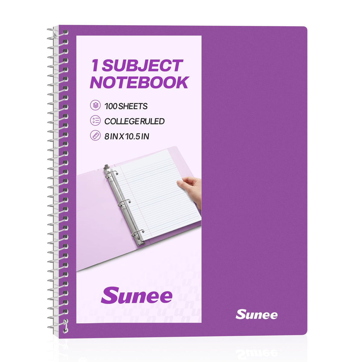 SUNEE Spiral Notebook, 1-Subject, College Ruled Paper, 8" x 10-1/2", 100 Sheets per Notebook, 3-Hole Punched Paper, Water Resistant Cover, Double-sided Pockets, Spiral Lined Notebooks for Work, Black