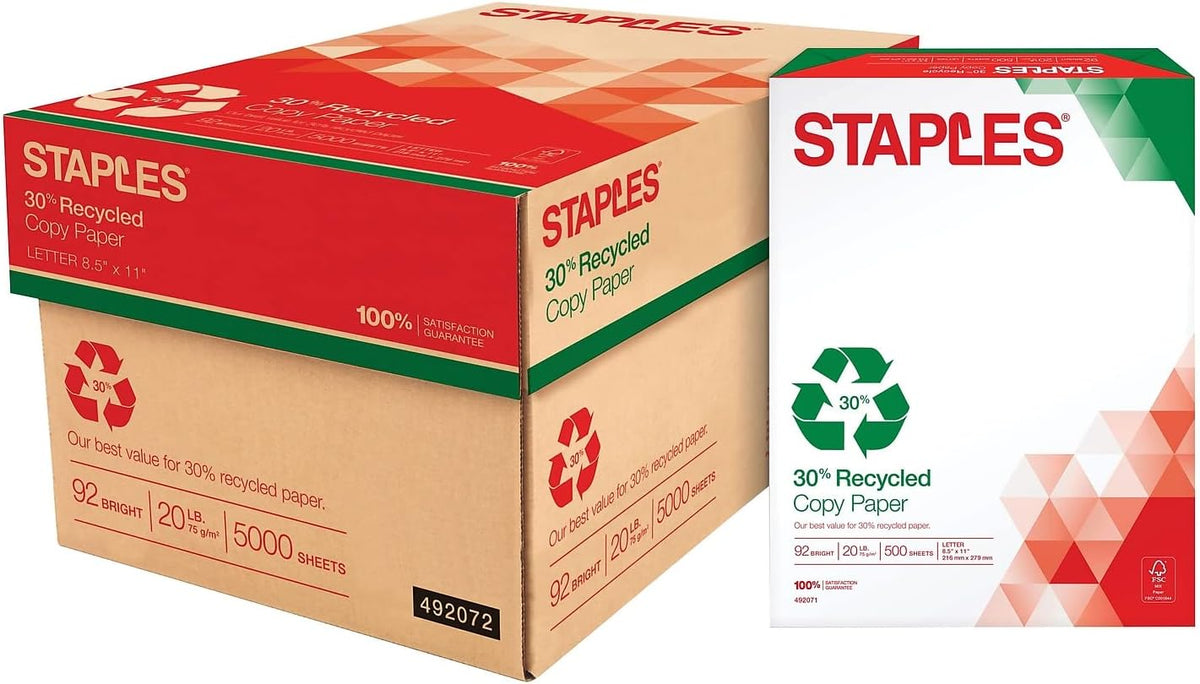 Staples 30% Recycled Copy Paper, 8.5x11 In, 20 lb, 92 Bright, 5/Ctn
