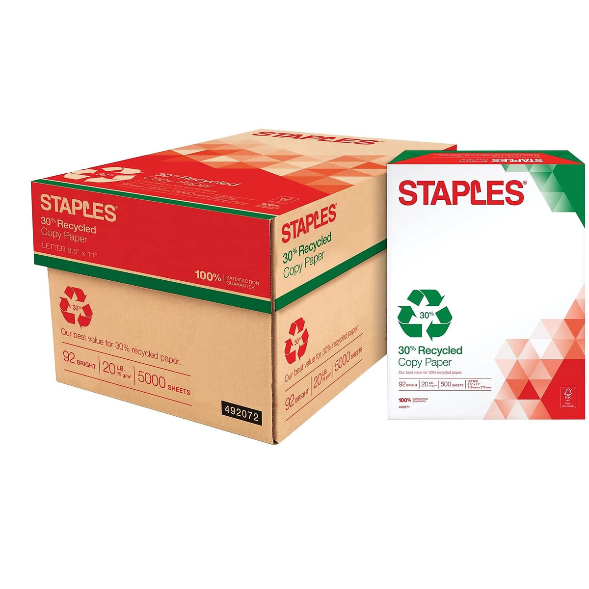 Staples 30% Recycled Copy Paper, 8.5x11 In, 20 lb, 92 Bright, 5/Ctn