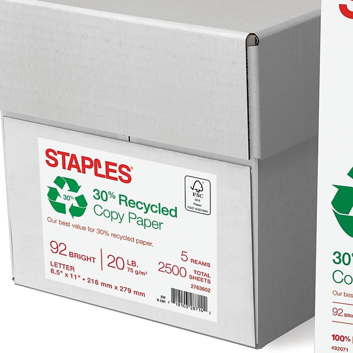 Staples 30% Recycled Copy Paper, 8.5x11 In, 20 lb, 92 Bright, 5/Ctn