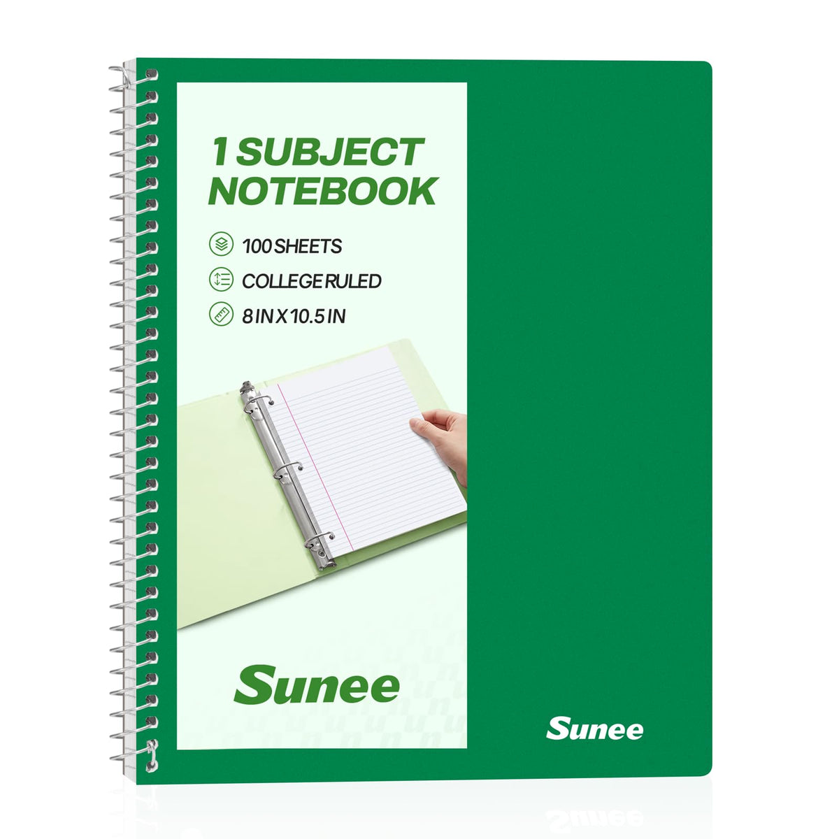 SUNEE Spiral Notebook, 1-Subject, College Ruled Paper, 8" x 10-1/2", 100 Sheets per Notebook, 3-Hole Punched Paper, Water Resistant Cover, Double-sided Pockets, Spiral Lined Notebooks for Work, Black