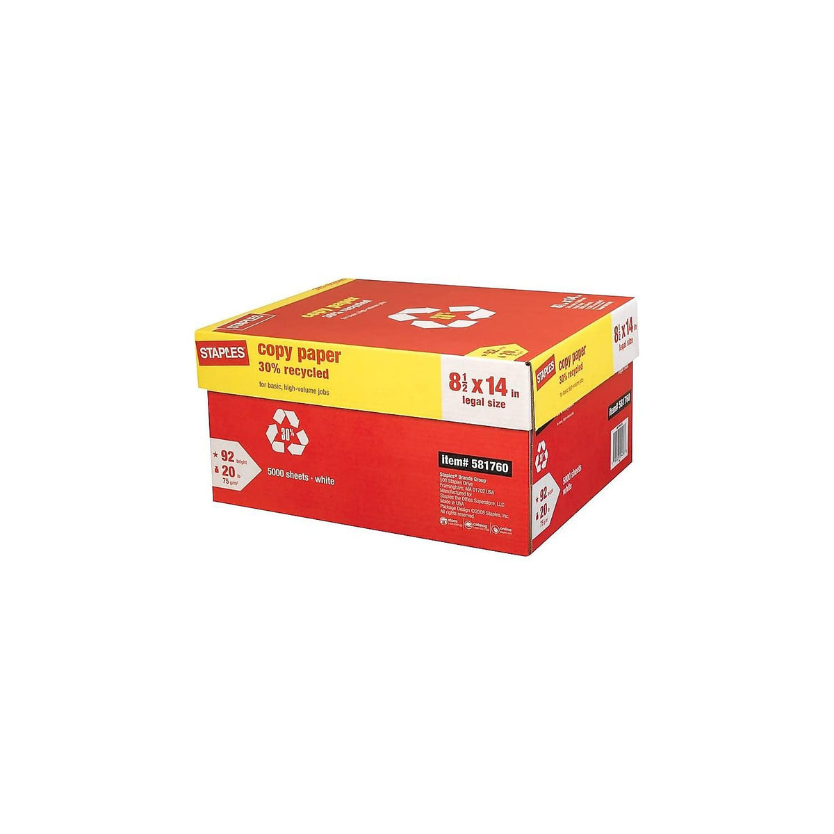 Staples 30% Recycled Copy Paper, 8.5x11 In, 20 lb, 92 Bright, 5/Ctn