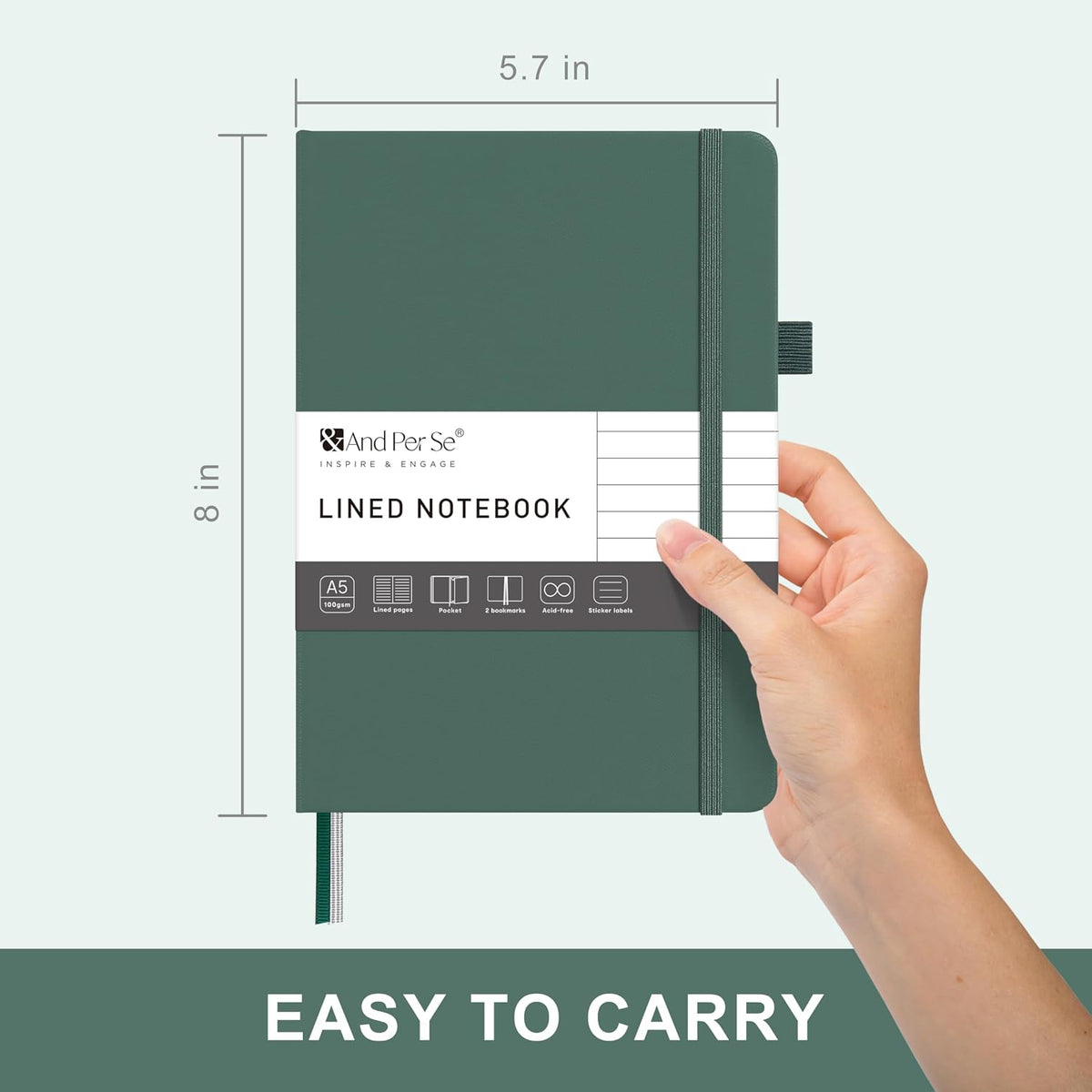 &And Per Se Lined Journal Notebook – A5 Hardcover, 160 Pages 100gsm Thick Paper, College Ruled for Writing - 5.7”x8” (Dark Green)