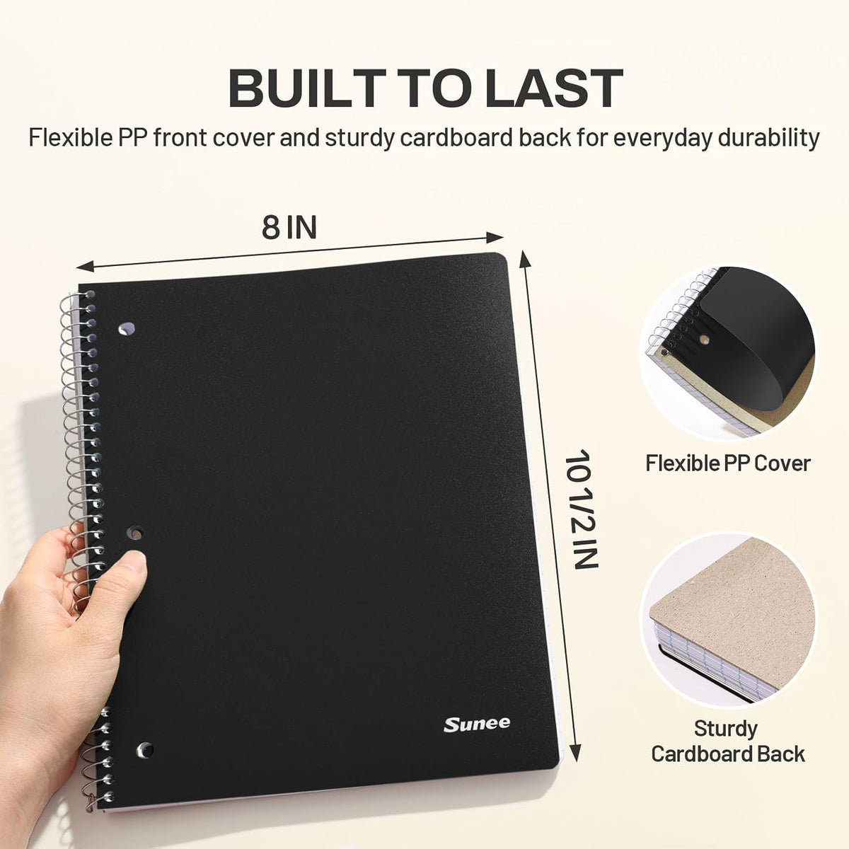 SUNEE Spiral Notebook, 1-Subject, College Ruled Paper, 8" x 10-1/2", 100 Sheets per Notebook, 3-Hole Punched Paper, Water Resistant Cover, Double-sided Pockets, Spiral Lined Notebooks for Work, Black