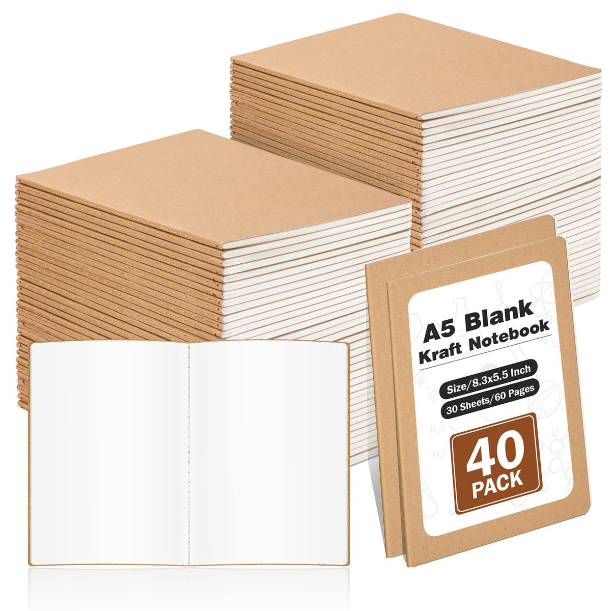 40 Pack Blank Kraft Notebooks, A5 Unlined Sketchbook Bulk, 8.3 X 5.5 Inch