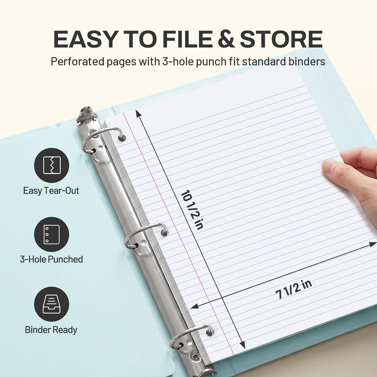 SUNEE Spiral Notebook, 1-Subject, College Ruled Paper, 8" x 10-1/2", 100 Sheets per Notebook, 3-Hole Punched Paper, Water Resistant Cover, Double-sided Pockets, Spiral Lined Notebooks for Work, Black
