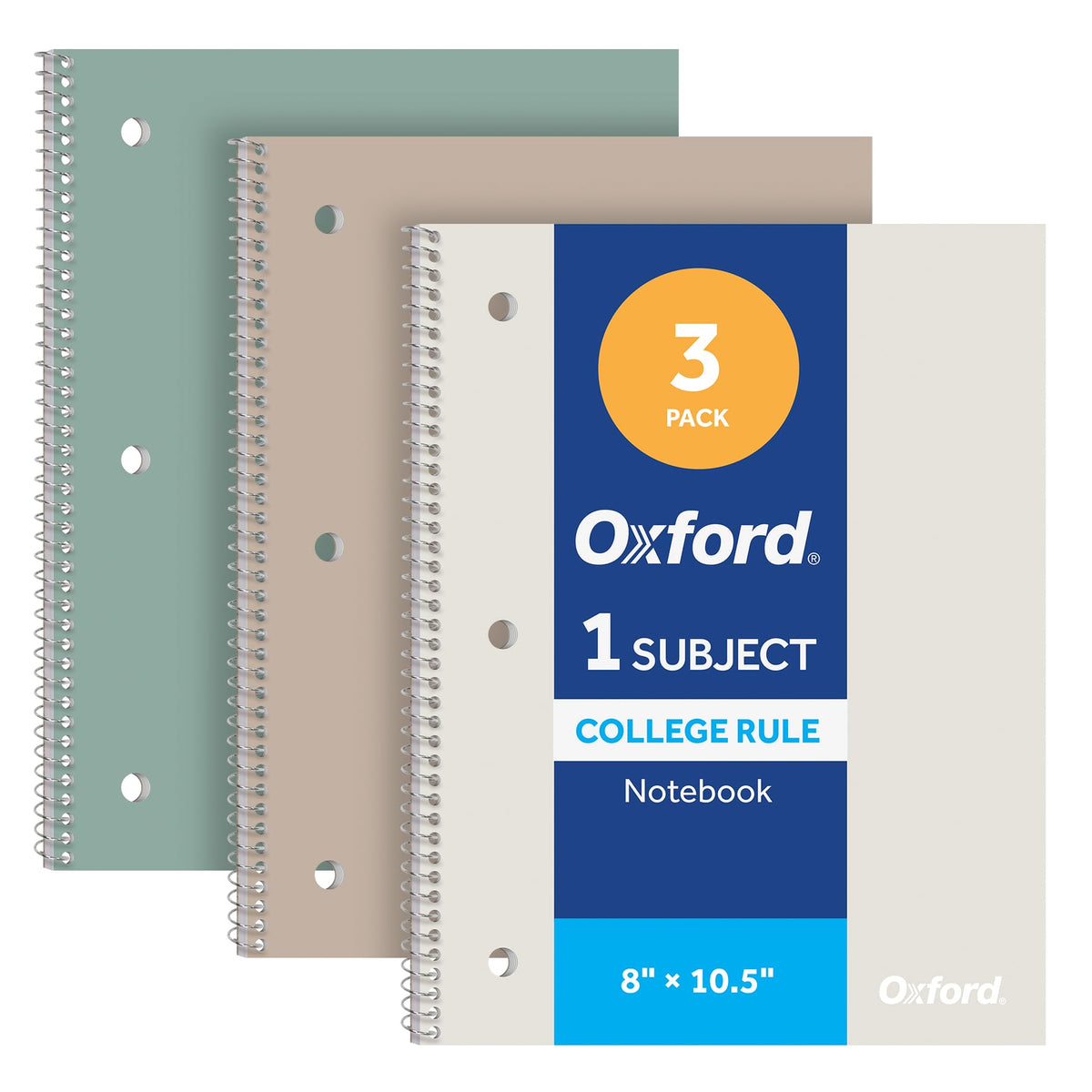 Oxford Spiral Notebooks, 3 Pack, College Ruled, 70 Sheets, Earthtone Covers