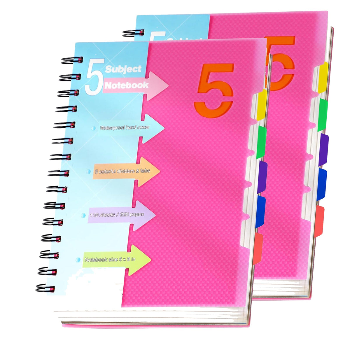 CAGIE 5 Subject Notebook, Small Spiral Notebook with Tabs, 6'' x 8''