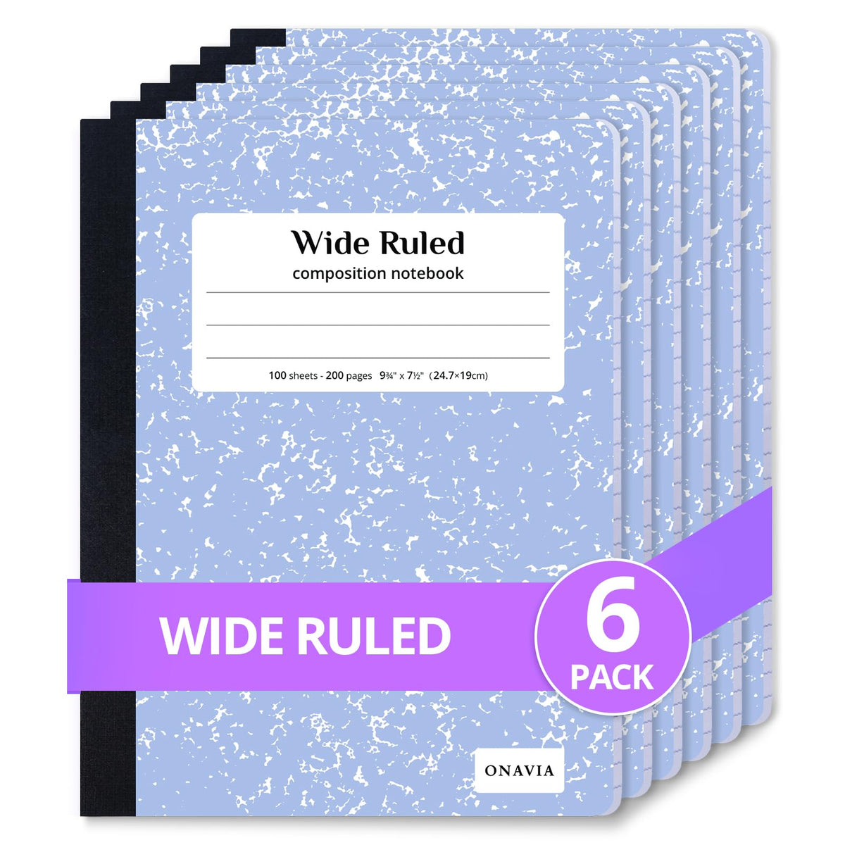 ONAVIA Composition Notebook Wide Ruled 6 Pack, 200 Pages, Marble Black