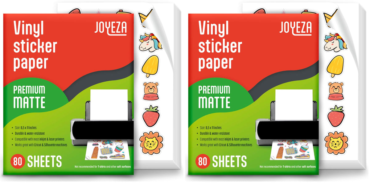 JOYEZA Premium Printable Vinyl Sticker Paper for Inkjet Printer - 25 Sheets Matte White Waterproof, Dries Quickly Vivid Colors, Holds Ink well- Tear Resistant - Inkjet & Laser Printer