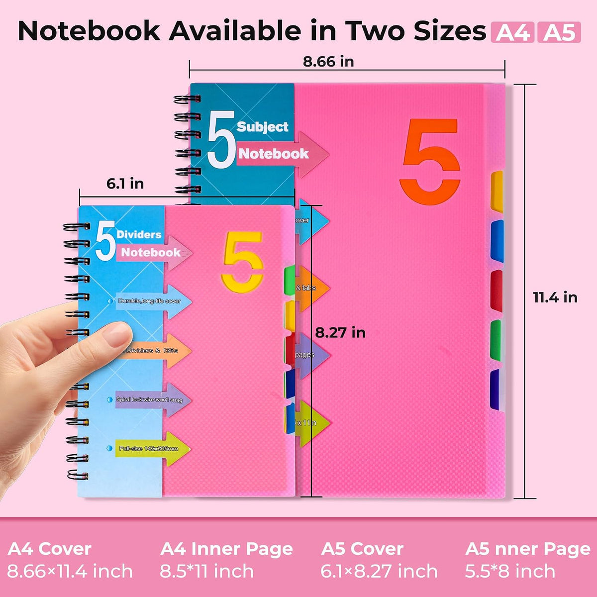CAGIE 5 Subject Notebook, Small Spiral Notebook with Tabs, 6'' x 8''