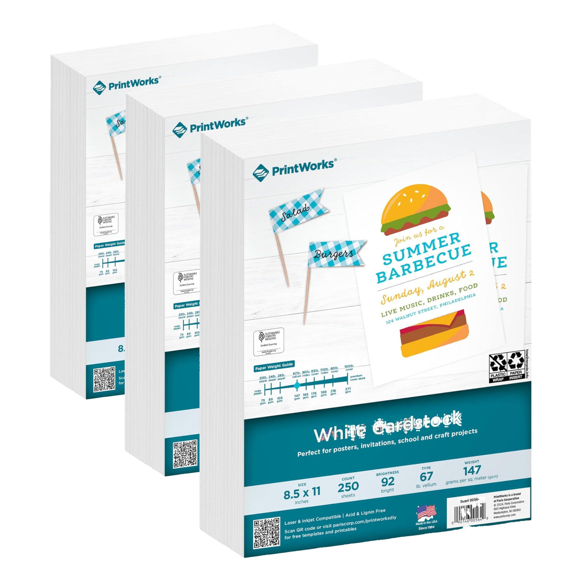 PrintWorks White Cardstock 8.5" x 11" - 67 lb/147 gsm Vellum Bristol - 250 Sheets - Made in the USA - SFI® Certified - 92 Bright - Card Stock Printer Paper for School, Craft, & Office Use (00564)