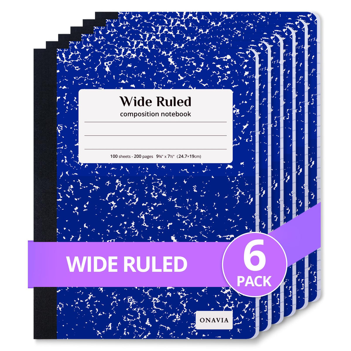ONAVIA Composition Notebook Wide Ruled 6 Pack, 200 Pages, Marble Black