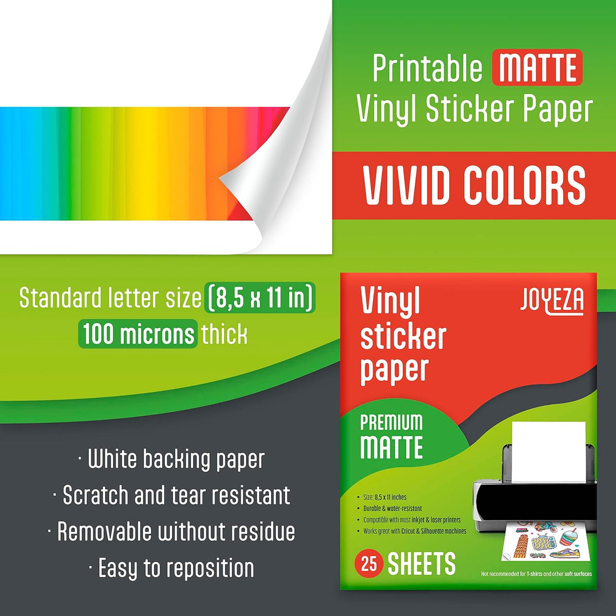 JOYEZA Premium Printable Vinyl Sticker Paper for Inkjet Printer - 25 Sheets Matte White Waterproof, Dries Quickly Vivid Colors, Holds Ink well- Tear Resistant - Inkjet & Laser Printer