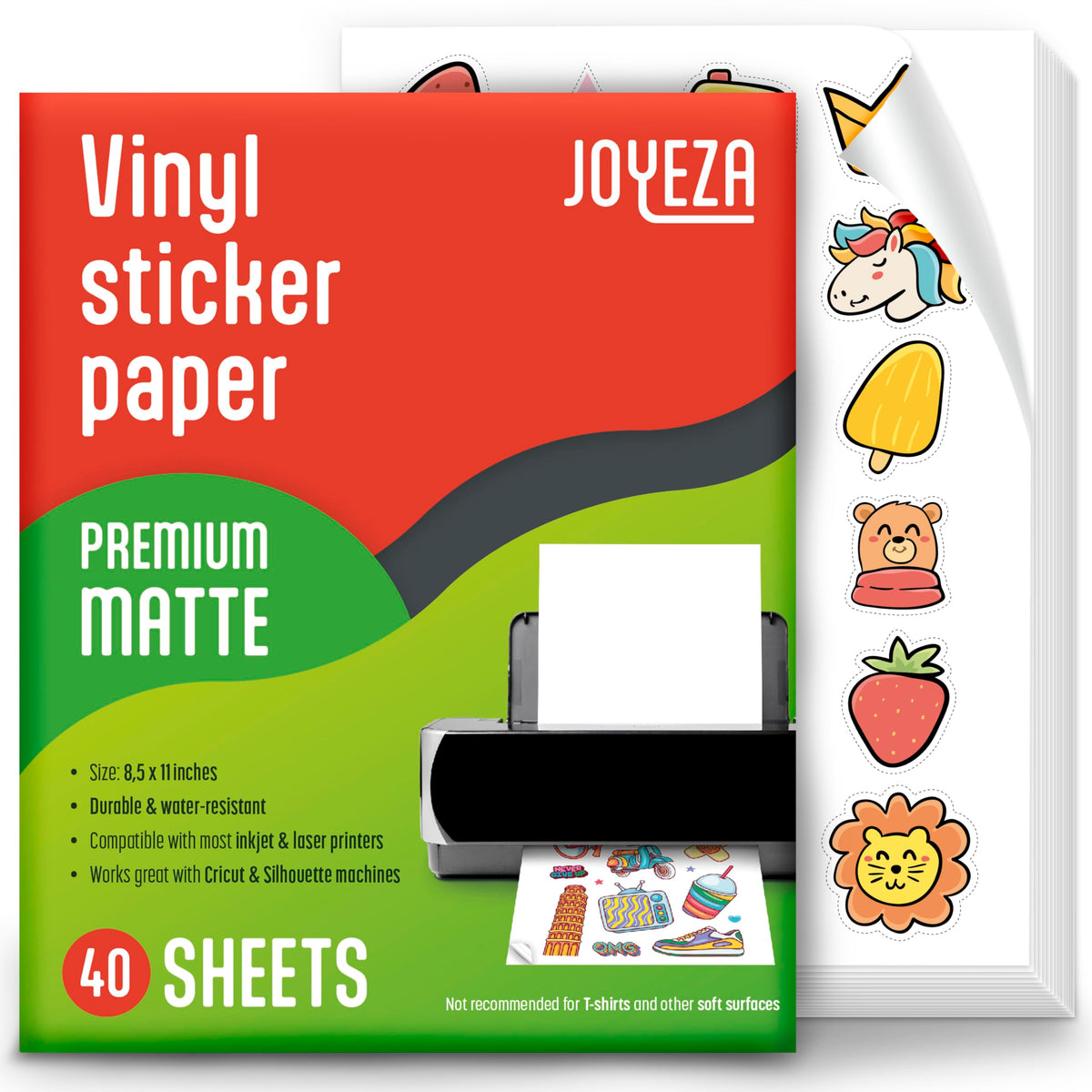 JOYEZA Premium Printable Vinyl Sticker Paper for Inkjet Printer - 25 Sheets Matte White Waterproof, Dries Quickly Vivid Colors, Holds Ink well- Tear Resistant - Inkjet & Laser Printer