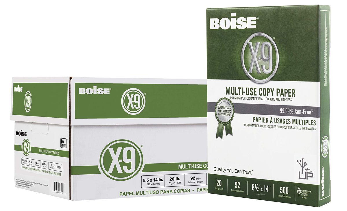 Boise X-9 Multi-Use Printer & Copy Paper, 10 Reams, White, Legal (8.5in x 14in), 5000 Sheets Per Case, 20 Lb, 92 Brightness