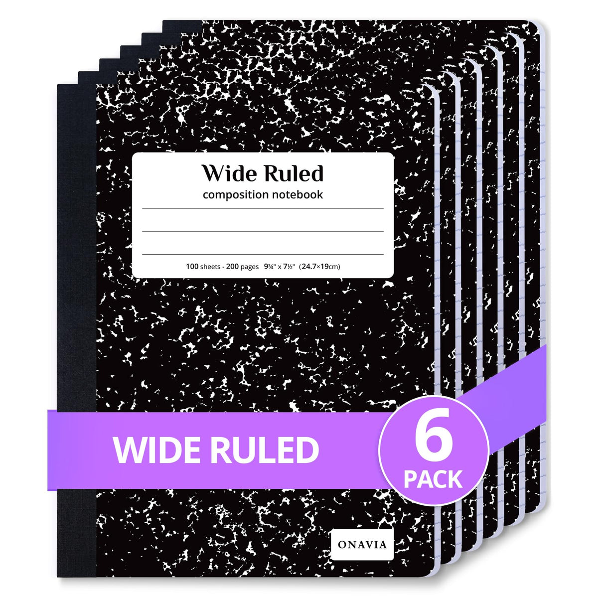 ONAVIA Composition Notebook Wide Ruled 6 Pack, 200 Pages, Marble Black