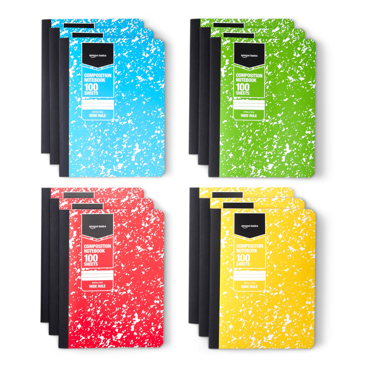 Amazon Basics Composition Notebook, College Ruled, 100 Sheets, 9.75" x 7.5", Assorted Marble Colors, 12-Pack