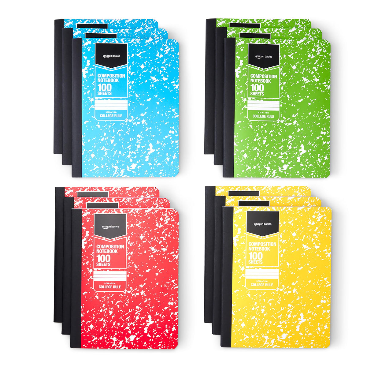 Amazon Basics Composition Notebook, College Ruled, 100 Sheets, 9.75" x 7.5", Assorted Marble Colors, 12-Pack