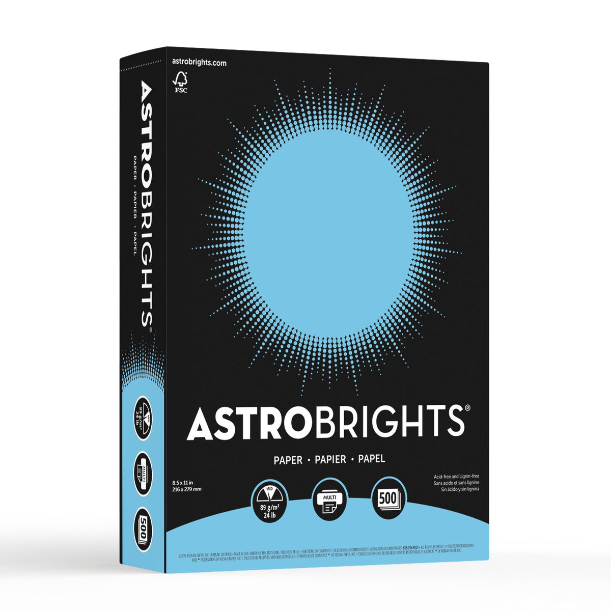 Neenah Astrobrights 30% Recycled Bright Color Paper, 8 1/2in x 11in, 24 Lb, FSC Certified, Lunar Blue, Ream Of 500 Sheets, 21528