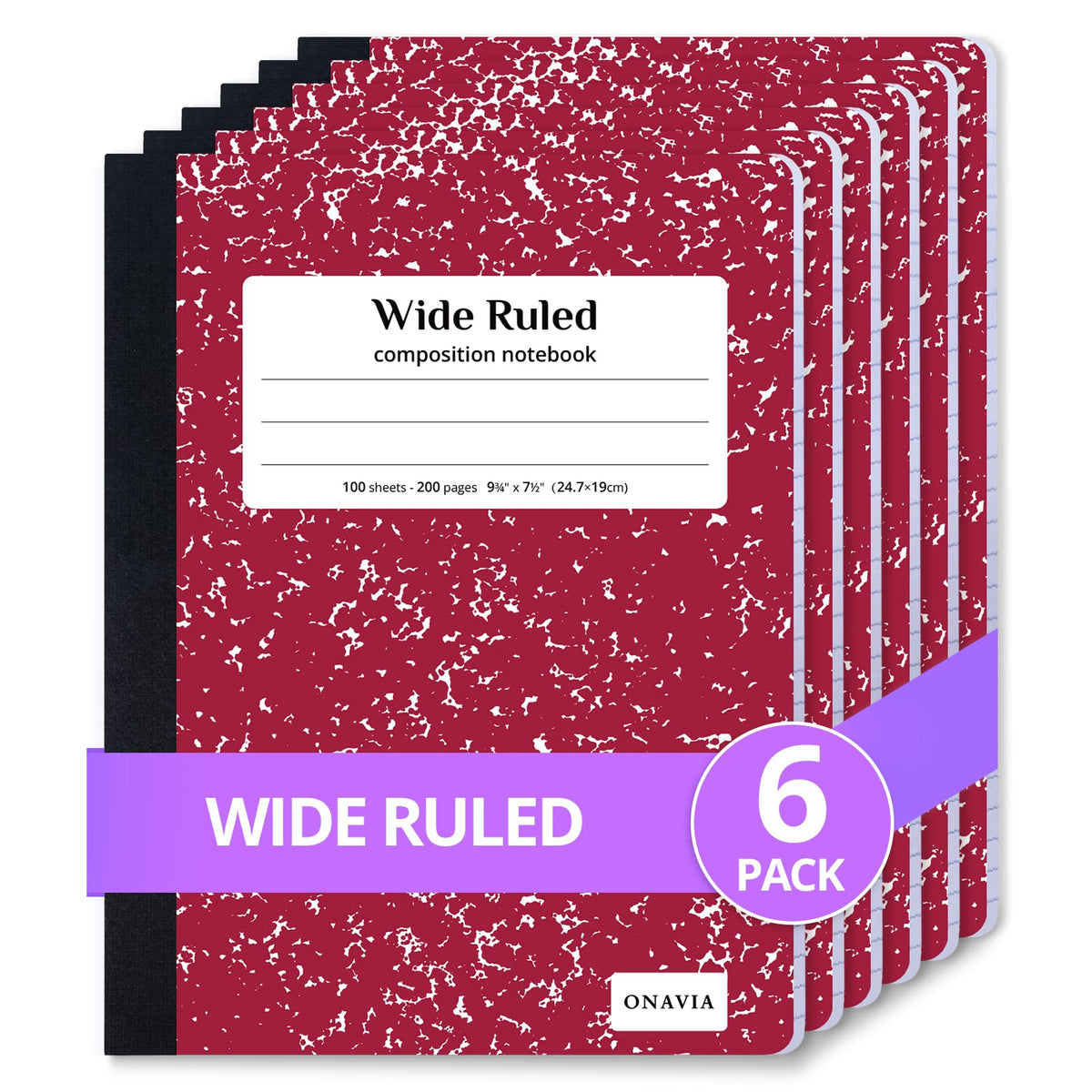 ONAVIA Composition Notebook Wide Ruled 6 Pack, 200 Pages, Marble Black