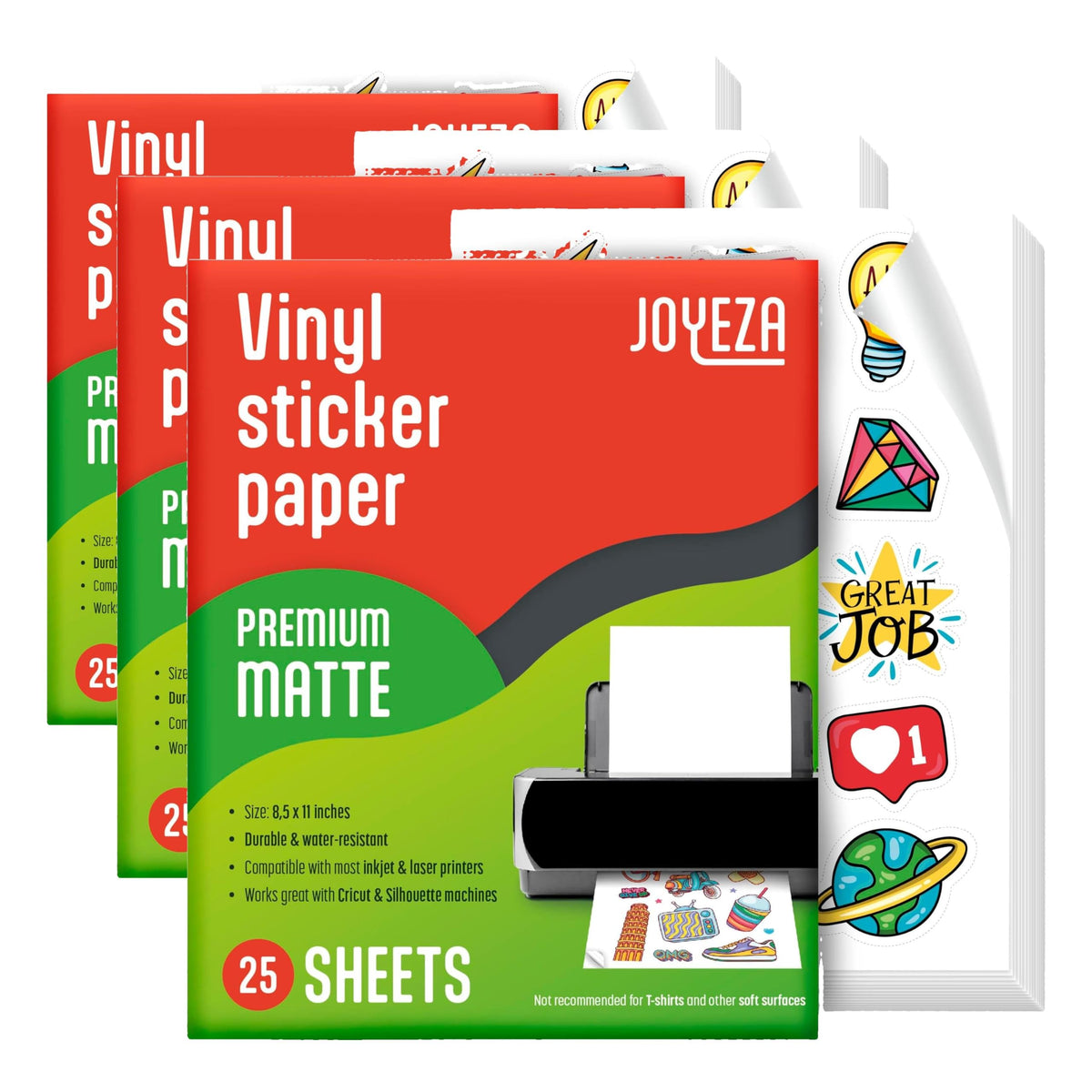 JOYEZA Premium Printable Vinyl Sticker Paper for Inkjet Printer - 25 Sheets Matte White Waterproof, Dries Quickly Vivid Colors, Holds Ink well- Tear Resistant - Inkjet & Laser Printer