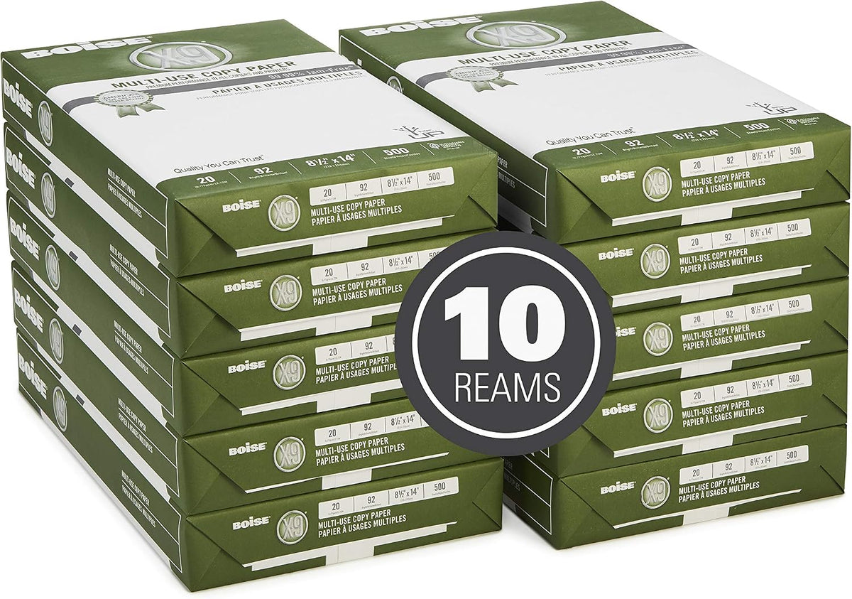 Boise X-9 Multi-Use Printer & Copy Paper, 10 Reams, White, Legal (8.5in x 14in), 5000 Sheets Per Case, 20 Lb, 92 Brightness