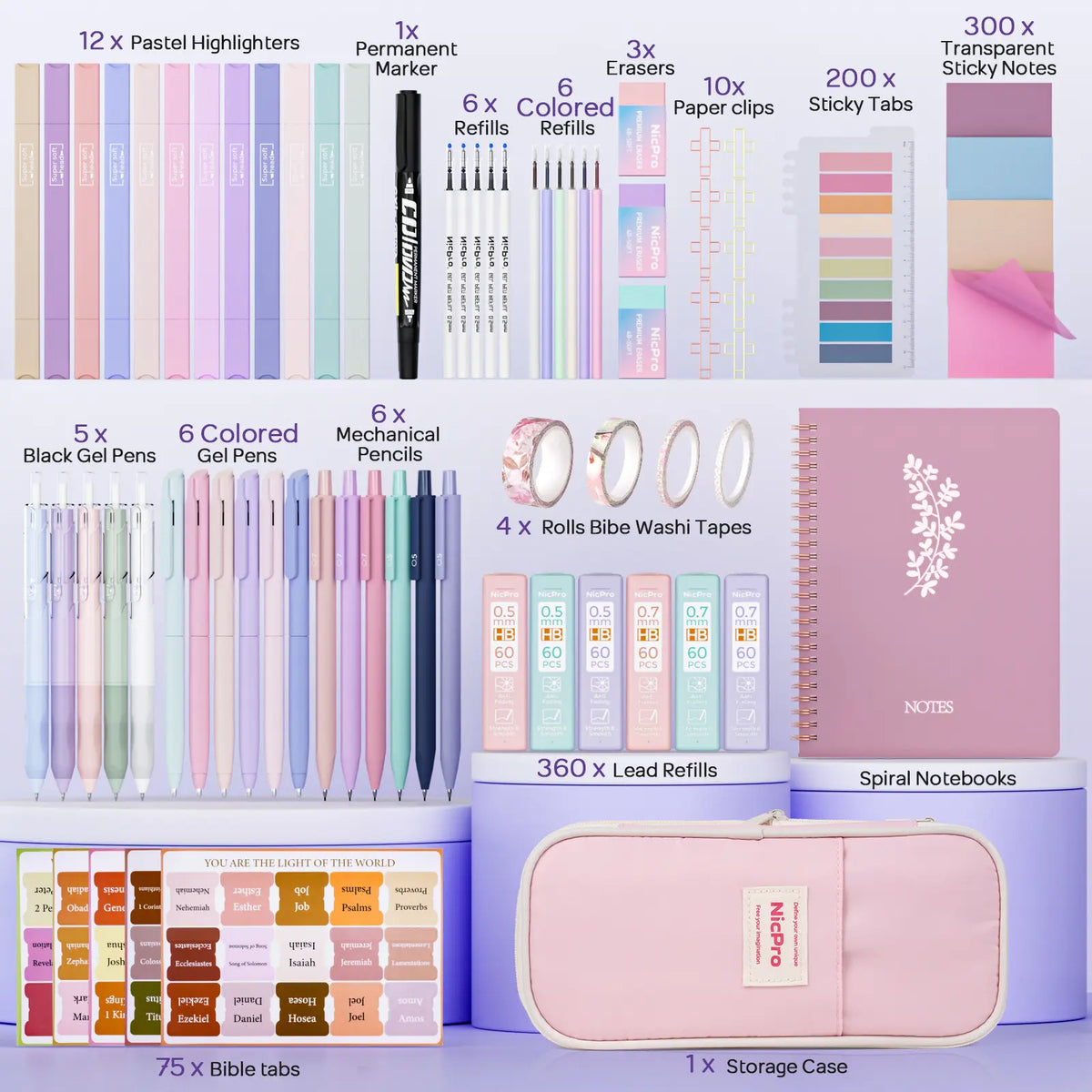Nicpro 76PCS Aesthetic Christian Women's Bible Study Kit - Tabs, Notebook, Highlighter, Mechanical Pencils, Pencil Pouch - Cute Back to School Haul Supplies, College Essentials (Office Stationery)