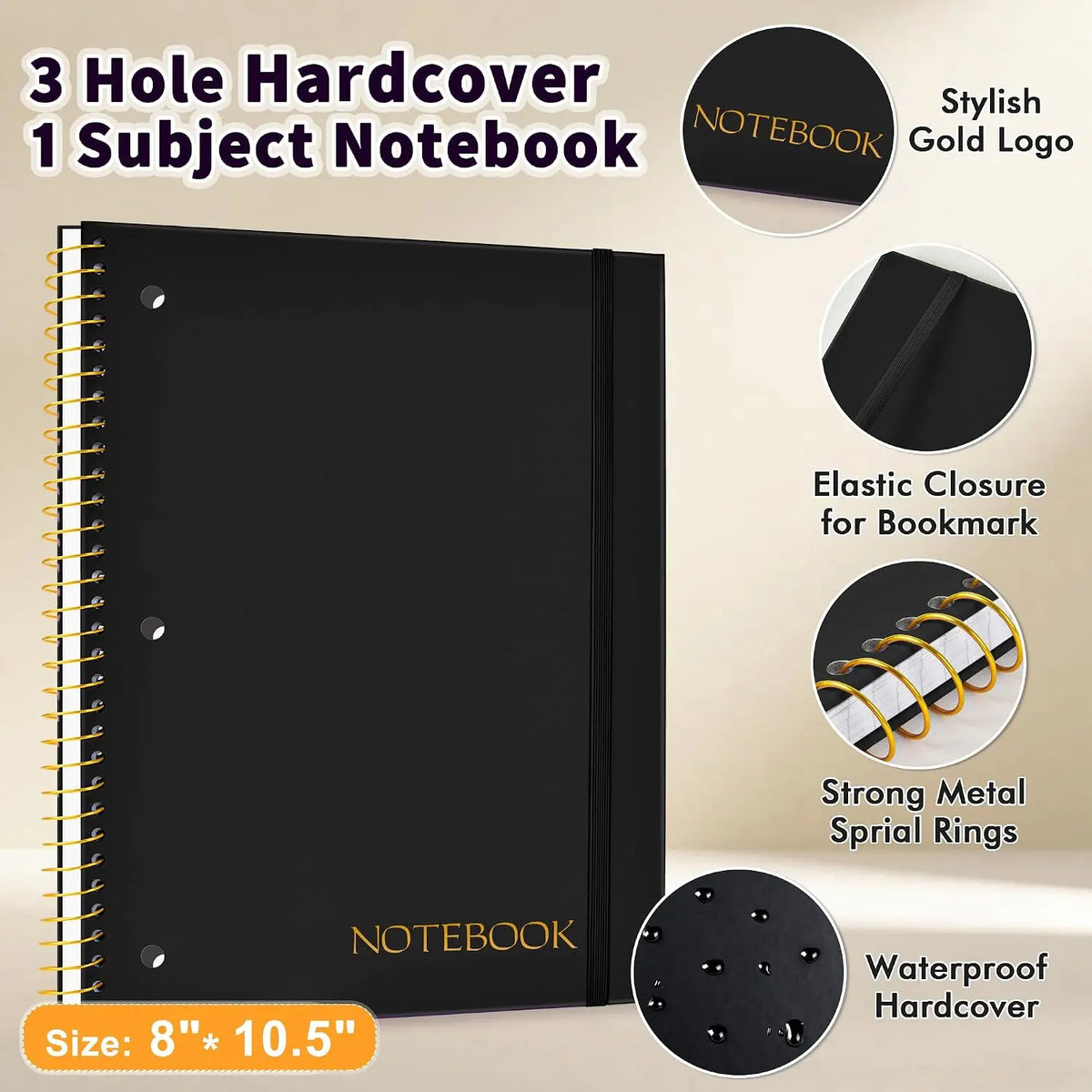 Modern 1-Subject Spiral Notebook for Students, College Ruled, 8"x10.5", 3-Hole Punched Perforated Pages, 95 Sheets, Black, Ideal for School, Office Use (Computers & Office Stationery Supplies)