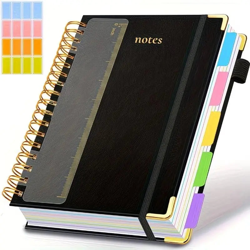 A5 Spiral Notebook with Ruler, 300 Pages Hard Cover, 100gsm Thick Paper, Vintage Style, Leather-Like Cover, Ideal for Work, School, University Planning