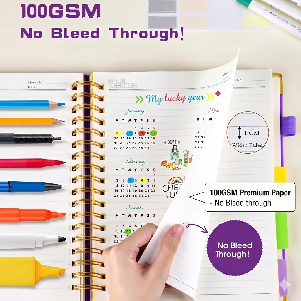 A5 spiral-bound notebook with 5 detachable divider pages and extra sticky labels; a high-quality faux leather lined notebook with 300 sheets, made from 100 g paper, suitable for office use, campus care record keeping, and everyday note-taking; dimensions: