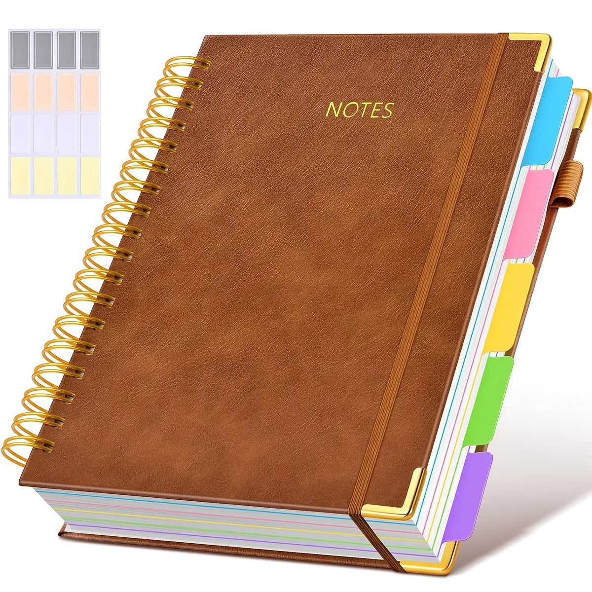 A5 spiral-bound notebook with 5 detachable divider pages and extra sticky labels; a high-quality faux leather lined notebook with 300 sheets, made from 100 g paper, suitable for office use, campus care record keeping, and everyday note-taking; dimensions:
