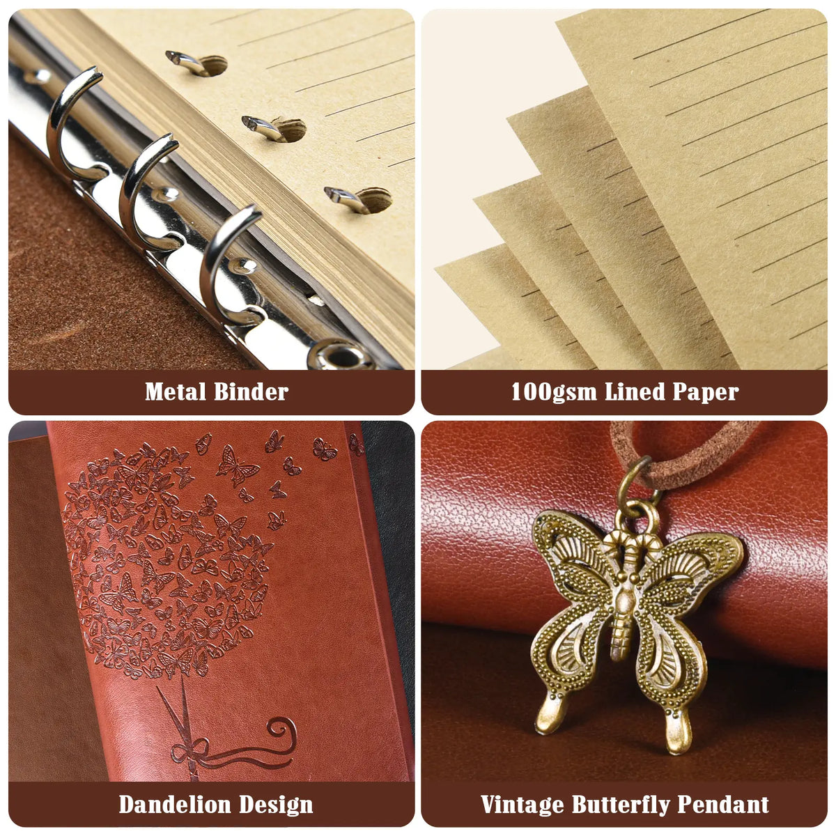 OMEYA A5 Leather Journal Notebook, Refillable Trifold Planner with Zipper Pocket, Dandelion & Butterfly Embossed Writing Diary with Card Slots & Strap Closure, 100gsm Thick Lined Paper (Blue/Pink/Purple/Brown)