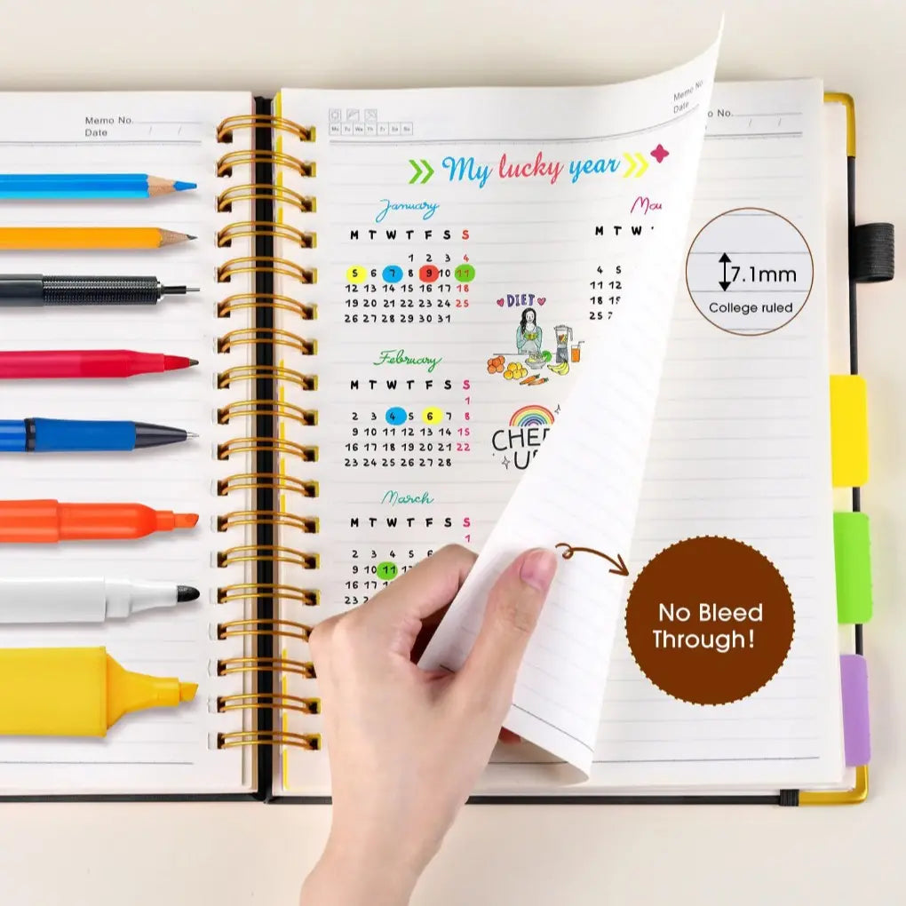 A5 Spiral Notebook with Ruler, 300 Pages Hard Cover, 100gsm Thick Paper, Vintage Style, Leather-Like Cover, Ideal for Work, School, University Planning