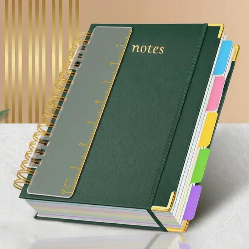A5 Spiral Notebook with Ruler, 300 Pages Hard Cover, 100gsm Thick Paper, Vintage Style, Leather-Like Cover, Ideal for Work, School, University Planning