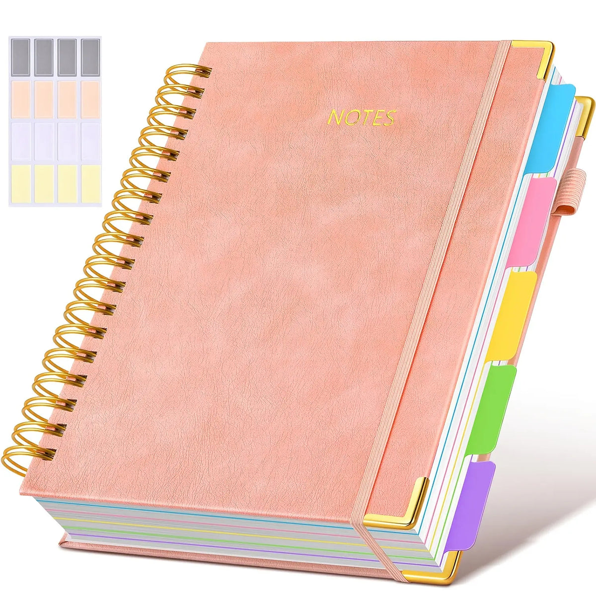 A5 spiral-bound notebook with 5 detachable divider pages and extra sticky labels; a high-quality faux leather lined notebook with 300 sheets, made from 100 g paper, suitable for office use, campus care record keeping, and everyday note-taking; dimensions: