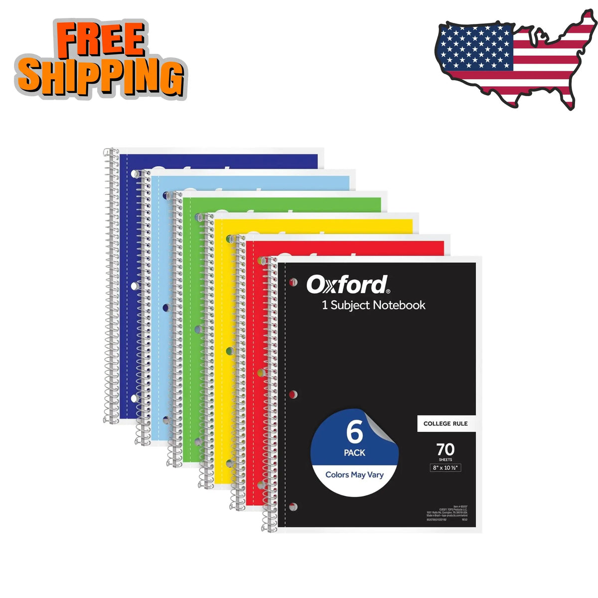 Spiral Notebook 6 Pack, 1 Subject, College Ruled Paper, 8 x 10-1/2 Inch