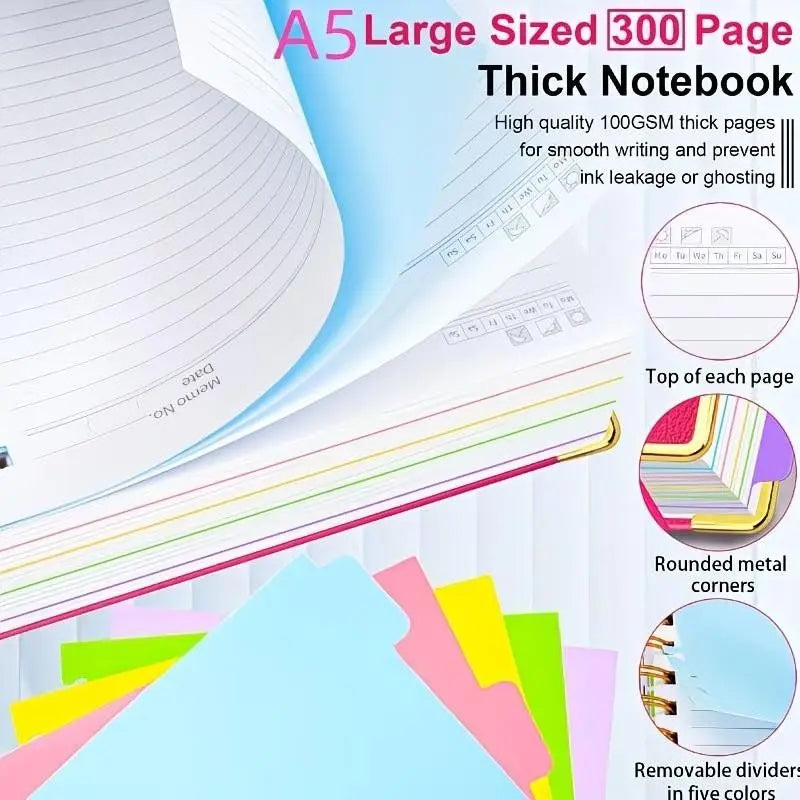 A5 Spiral Notebook with Ruler, 300 Pages Hard Cover, 100gsm Thick Paper, Vintage Style, Leather-Like Cover, Ideal for Work, School, University Planning