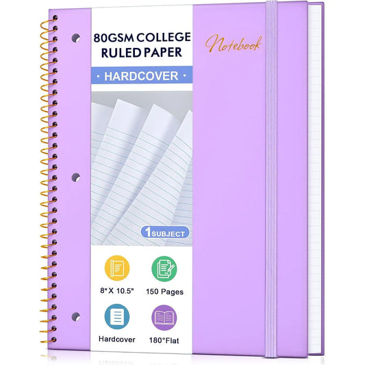 Spiral Notebook College Ruled Paper 8" x 10-1/2", 1 Subject Spiral Notebook 80GSM Paper, 3-Hole Punched Perforated Pages Ideal for School, Office, Writing, 75 Sheets Lined Journaling Notebook,